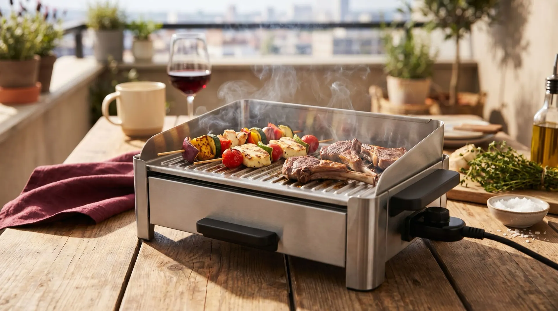 Plancha électrique extérieur — saisie sur acier inoxydable, fumée chaude, table en bois
